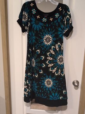 Chadwicks Black Mini Dress with Teal and Cream Floral Medallions